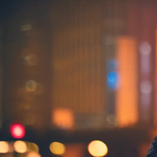 Image similar to a still of Kevin Hart. Shallow depth of field. City at night in background, lights, colors ,studio lighting, mood, 4K. Profession photography