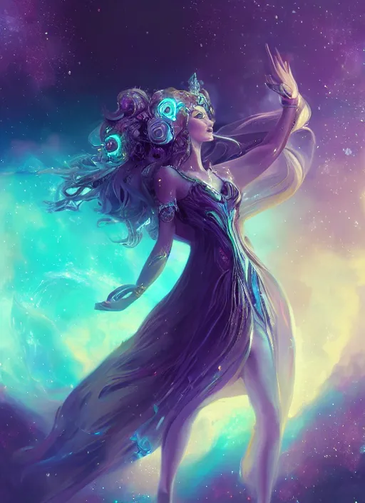 Image similar to a highly detailed illustration of elegant goddess wearing cosmic dress, elegant floating pose, beautiful detailed figure, nebula background, intricate, elegant, highly detailed, centered, digital painting, artstation, concept art, smooth, sharp focus, league of legends concept art, wlop