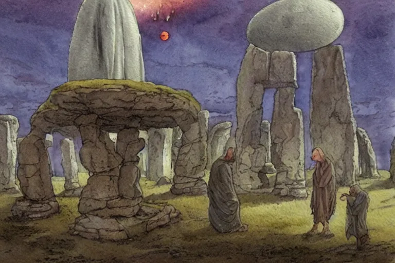 Image similar to a realistic and atmospheric watercolour fantasy concept art of a ufo landing in a tiny stonehenge. one dirty medieval monk in grey robes is pointing up at the ufo. muted colors. by rebecca guay, michael kaluta, charles vess and jean moebius giraud