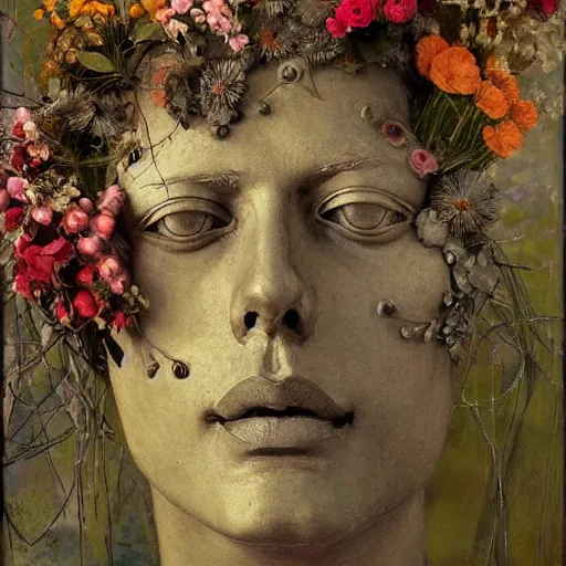 Image similar to a sculpture portrait made of ceramic and metal and flowers and plants, painting part by wojciech siudmak, part by ilya repin, part by max ernst, part by norman rockwell, artstation