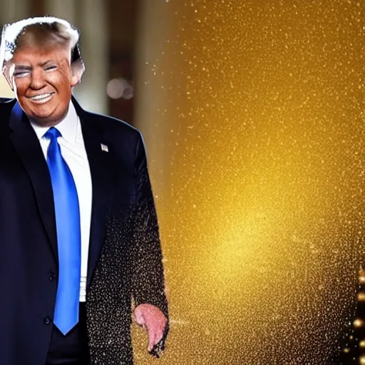 Prompt: Donald Trump dancing in a golden shower while golden rain falls