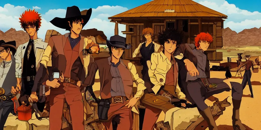 Prompt: cowboy bebop in the old western world with rugged terrain and taverns landscape portraits