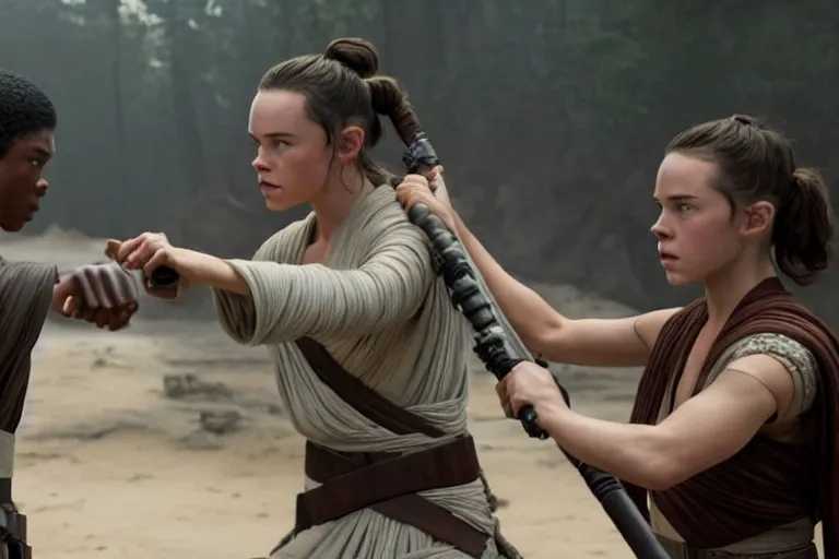 Image similar to Star Wars, Rey Skywalker trains Finn to be come a jedi after the events of the rise of skywalker ultra realistic, 4K, movie still, UHD, sharp, detailed, cinematic