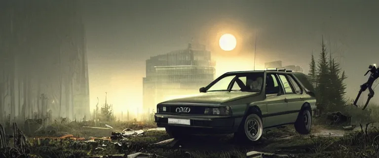 Prompt: Scrap Audi 80 B3 Avant (1988) facing a strider, Half-Life 2: Episode 2 (PC), a post-apocalyptic outland, dramatic lighting, cinematic, establishing shot, extremely high detail, photorealistic, cinematic lighting, artstation, by simon stalenhag