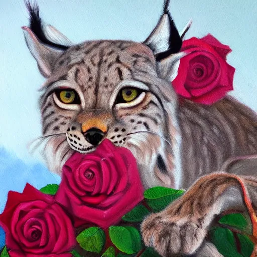 Prompt: an expressive oil painting of a lynx waring a crown!! made out of roses, high quality art,