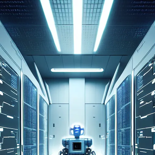 Image similar to hyperrealism stock photo of highly detailed stylish robot in futuristic sci - fi style by gragory crewdson and vincent di fate in the detailed data center by mike winkelmann and laurie greasley