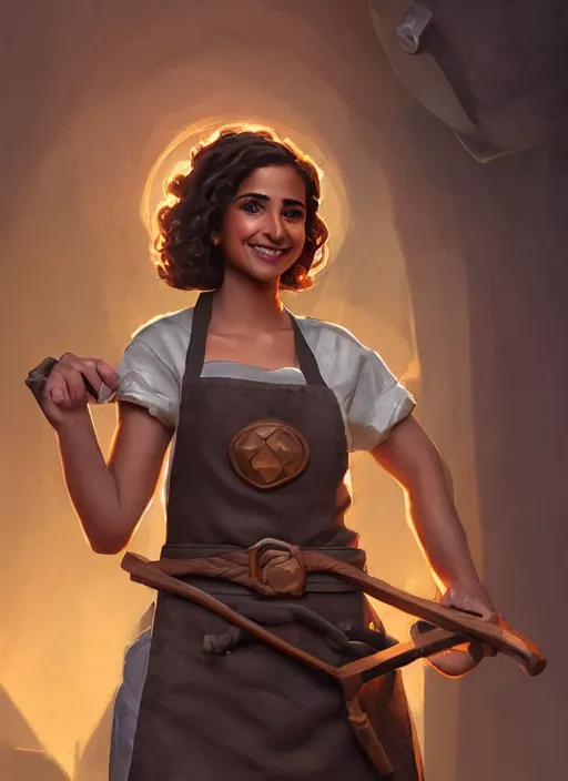 Image similar to a highly detailed illustration of naomi scott as kind blacksmith woman wearing apron, dramatic smile pose, intricate, elegant, highly detailed, centered, digital painting, artstation, concept art, smooth, sharp focus, league of legends concept art, wlop.