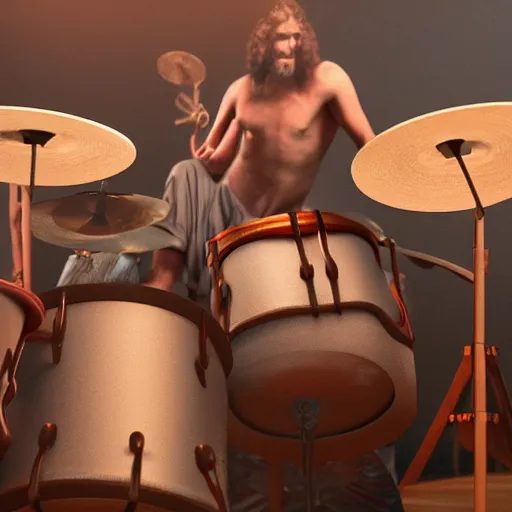 Image similar to a highly detailed realistic photographic render of christ playing drums, realistic, photo realism, hyper realistic, hyper realism, photo realisitc, cinematic render, film, beautifully lit, ray traced, octane 3D render, octane render, unreal engine