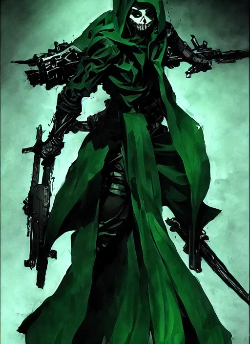 Prompt: Shadow, undead assassin in dark green robe. In style of Yoji Shinkawa and Hyung-tae Kim, trending on ArtStation, dark fantasy, great composition, concept art, highly detailed, dynamic pose.