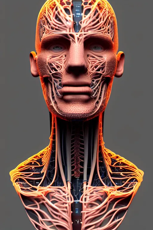 Image similar to 3D render of a rugged profile face portrait of a male cyborg, 150 mm, capacitors, Mandelbrot fractal, anatomical, flesh, facial muscles, neon wires, microchip, veins, arteries, full frame, microscopic, elegant, highly detailed, flesh ornate, elegant, high fashion, rim light, octane render in the style of H.R. Giger and Bouguereau