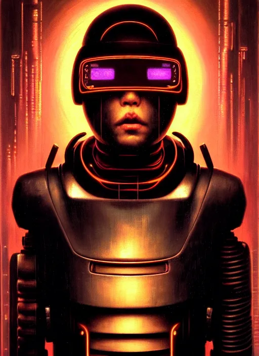 Prompt: cinematic bust portrait of a Japanese male cyberpunk cyborg hacker android, head and chest only, exotic alien features, grunge, grime, tech-noir, low-key, glowing lights, robot parts, computer monitors, Tim Hildebrandt, Wayne Barlowe, Bruce Pennington, donato giancola, larry elmore, oil on canvas, masterpiece, trending on artstation, featured on pixiv, cinematic composition, dramatic pose, beautiful lighting, sharp, details, hyper-detailed, HD, HDR, 4K, 8K