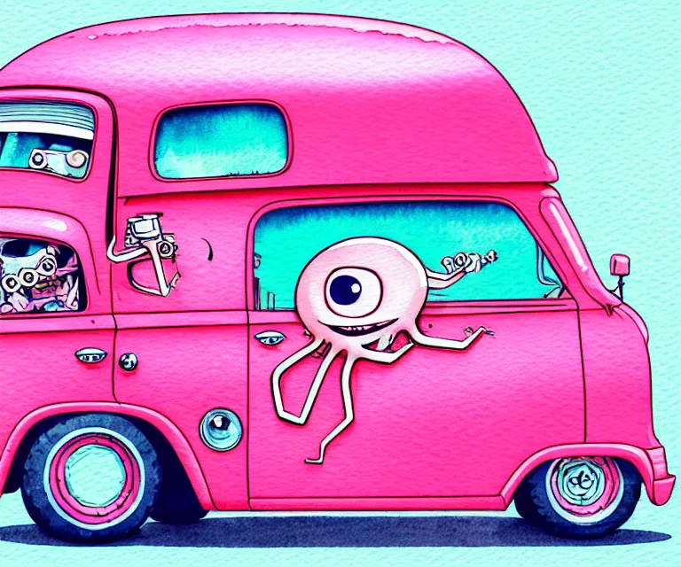 Image similar to cute and funny, pink colored squid wearing goggles riding in a tiny hot rod van with oversized engine, ratfink style by ed roth, centered award winning watercolor pen illustration, isometric illustration by chihiro iwasaki, edited by range murata, tiny details by artgerm and watercolor girl, symmetrically isometrically centered