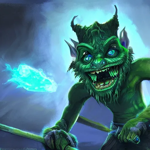 Image similar to a highly detailed goblin with blue skin and green eyes that glow, like magic the gathering, goblin chainwalker, with water in the background, digital art, by christopher rush