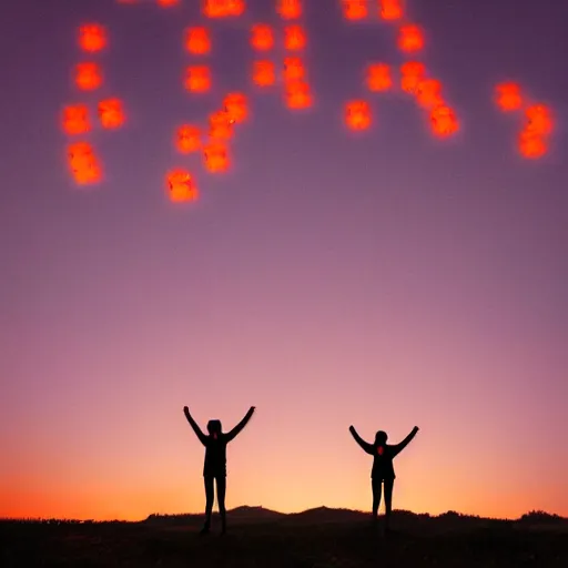 Image similar to a wide angle photo of three small orange glowing people rising into the sky, far away, inspiring, beautiful, brightly colored, paranormal