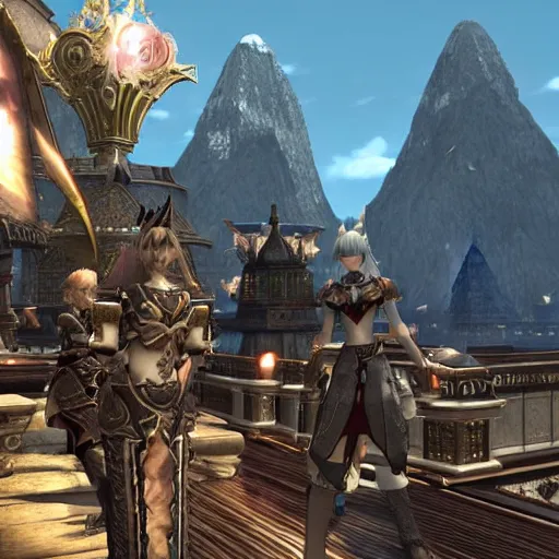 Prompt: Screenshot taken from the new FFXIV expansion. Final Fantasy 14 screenshot. Highly detailed, wlop