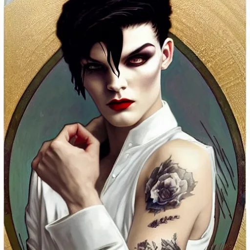 Image similar to beautiful portrait of androgynous ruby rose as desire from sandman in a white tuxedo!!!, rockabilly style, by alphonse mucha, cedric peyravernay, by jeremy mann, by frank moth, white suit and black tie, soft lightning, high detailed, 8 k