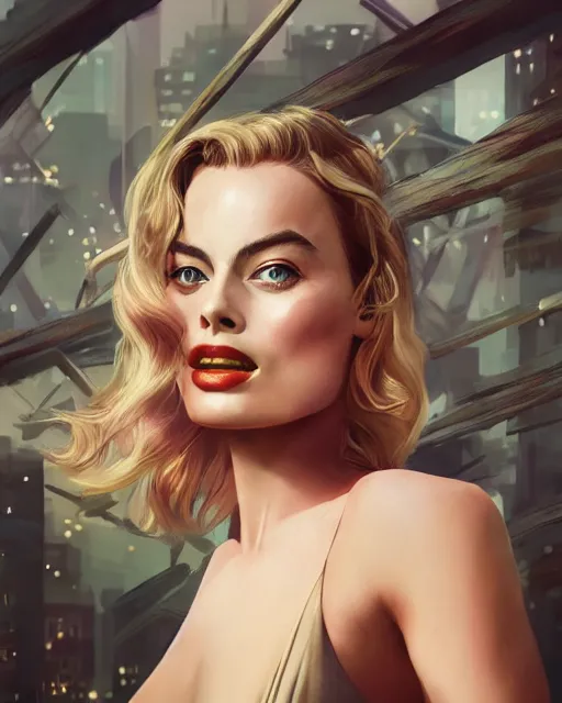 Prompt: Head and shoulders film still of margot robbie by wlop, rossdraws, Alberto Vargas, mingchen shen, arney freytag, artstation, fantasy photoshoot, urban jungle, fashion pose, octane, 4k