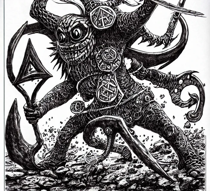 Image similar to an octorok from legend of zelda as a d & d monster, pen - and - ink illustration, etching, by russ nicholson, david a trampier, larry elmore, 1 9 8 1, hq scan, intricate details, high contrast, no background