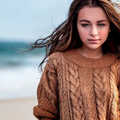 Prompt: real life photo of a beautiful girl, full body photoshoot, long brown hair, brown eyes, full round face, short smile, belly free, brown sweater, beach setting, cinematic lightning, medium shot, mid - shot, highly detailed, trending on artstation, unreal engine 4 k, 8 0 mm, 8 5 mm, cinematic wallpaper