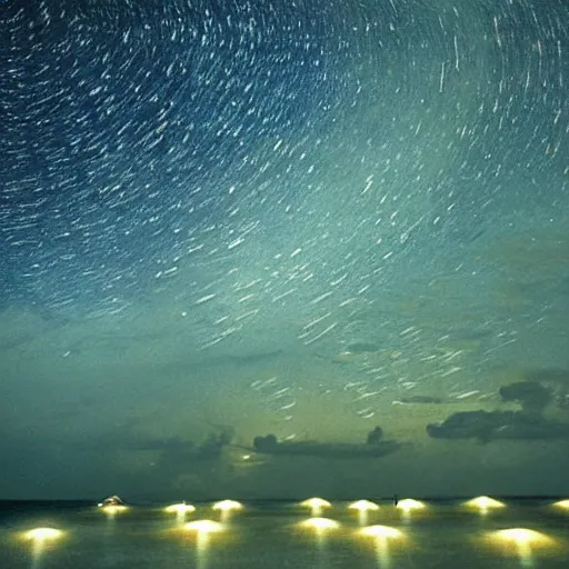 Prompt: Sea Of Stars of Vaadhoo Island Maldives, Bioluminescent sea plankton that shines multiversal during the night, makes the sea area glowing water, ethereal and dreamy, art by VINCENT VAN GOGH