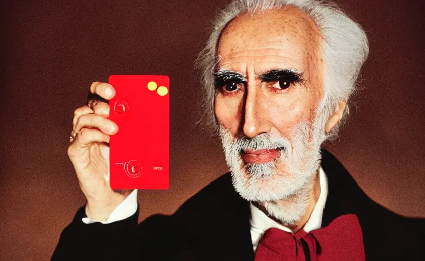 Image similar to movie still close-up portrait of Christopher Lee as a Victorian inventor proudly holding a small red plastic card with holes punched in it, by David Bailey, Cinestill 800t 50mm eastmancolor, heavy grainy picture, very detailed, high quality, 4k, HD criterion, precise texture and facial expression