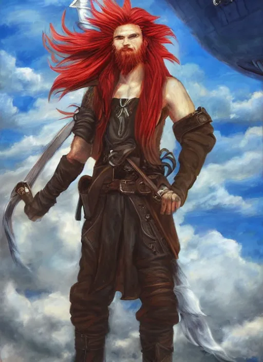 Prompt: epic fantasy portrait painting of a long haired, red headed male sky - pirate in front of an airship in the style of the full metal alchemist