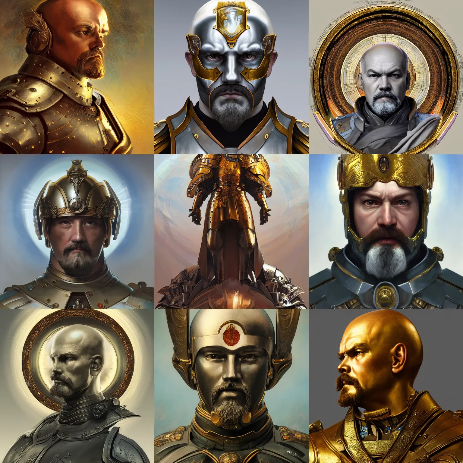 Prompt: masterpiece head - on symmetrical centered painted portrait, lenin as a holy warrior, holy light halo, glorious, wearing full metal armour, elegant, distant, in the style of ruan jia and artgerm and edgar maxence and ross tran and michael whelan and mucha, 8 k, octane render