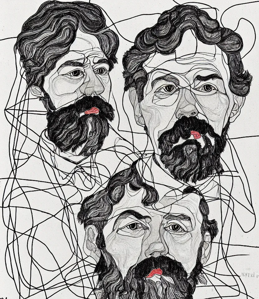 Prompt: detailed line art portrait of friedrich engels, inspired by egon schiele. caricatural, minimalist, bold contour lines, musicality, soft twirls curls and curves, confident personality, raw emotion