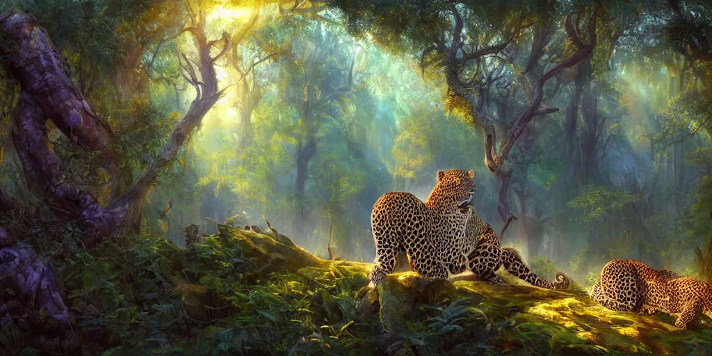 Prompt: leopard hunting in the forest, magical energies emanating from it, god rays, wide angle, fantasy art, matte painting, sharp focus, vibrant colors, high contrast, illustration, art by justin gerard