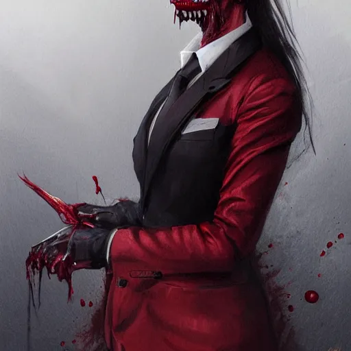 Image similar to portrait of vidhya balan upper body in bloody business suit, blood red eyes, vampire fangs, fantasy, intricate, elegant, highly detailed, digital painting, artstation, concept art, matte, sharp focus, illustration, art by aenaluck and roberto ferri and greg rutkowski, epic fantasy, digital painting