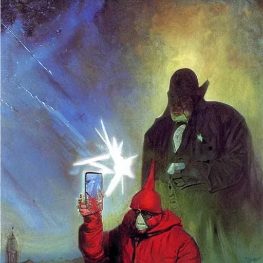 Prompt: A digital art. A rip in spacetime. Did this device in his hand open a portal to another dimension or reality?! cardinal by Harriet Backer, by Simon Bisley straight, sinister