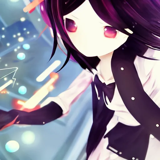 Image similar to luxury advertisement, astonishing artwork of a very beautiful dancing anime schoolgirl with black bob hair in style of cytus and deemo, full perfect face, she is dancing, set in Half-life. Realistic, highly detailed background, Pixiv, 120 degree view, drawn by Sasoura, Satchely and Akihiko Yoshida, no distortion