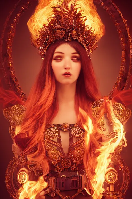Prompt: a beautiful image of a young woman, steampunk Chandra queen of fire, big googles over her head, long flowing hair glowing with fire, steampunk costume mostly red and gold young female face, cinematic top lighting, insanely detailed and intricate, face by wlop, Charlie Bowater, golden ratio, symmetric, elegant, ornate, luxury, elite, matte painting, cinematic, trending on artstation, deviantart and cgsociety, 8k, high resolution