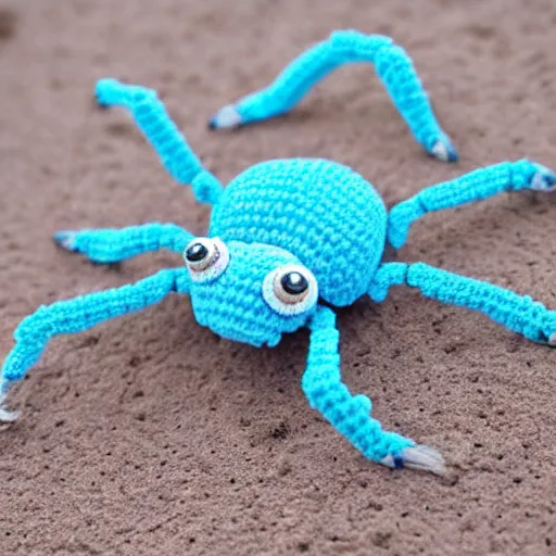 Image similar to cute fluffy light blue color spider with short arms and big eyes crochet doll standing on sand, hyperrealistic photograph, highly detailed, tactile, 8k, close up, macro