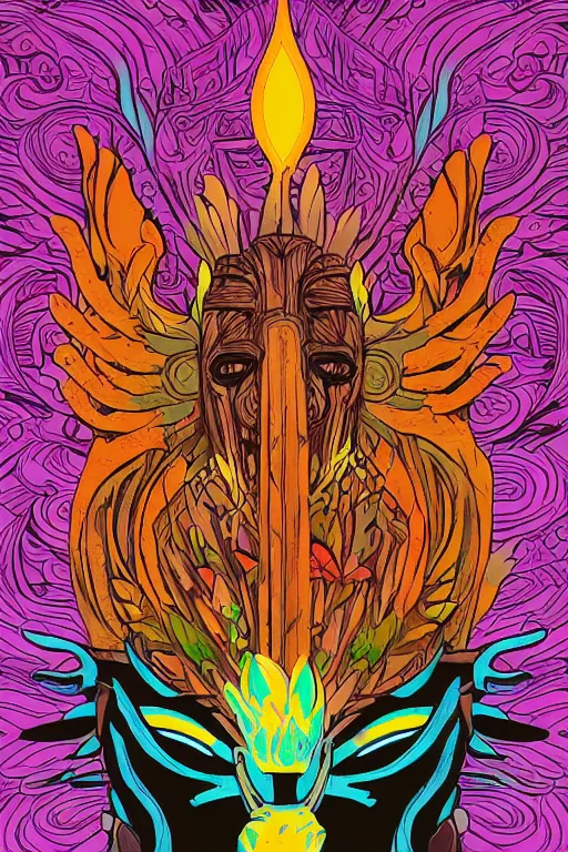 Image similar to animal mask totem roots flower tribal feather gemstone plant wood rock shaman vodoo video game vector cutout illustration vivid multicolor borderlands comics by josan gonzales and dan mumford radiating a glowing aura