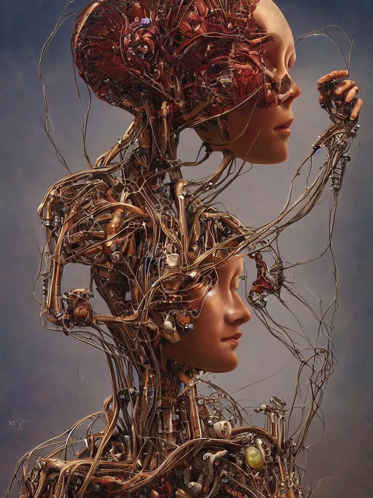 Prompt: portrait of a beautiful female android robot holding a realistic anatomical heart in her hands and crying, there are wires coming from her heart, tangled and entwined with her long flowing hair, mecha, biopunk, painting by James C. Christensen, by tomasz alen kopera