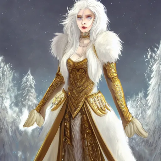 Image similar to commissioned full body portrait of a female anthro furry wolf princess fursona with white hair wearing a white and gold armored dress in a white and gold palace, by Wlop and jerry park, artstation, extremely detailed