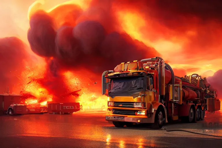 Image similar to a fire tornado picking up a tanker truck as it explodes, matte painting, long shot, concept art, wide shot, digital art, trending on artstation, 4 k, extremely detailed, realistic, midday, warm colors, golden sunlight, by greg rutkowski, cinematic, epic