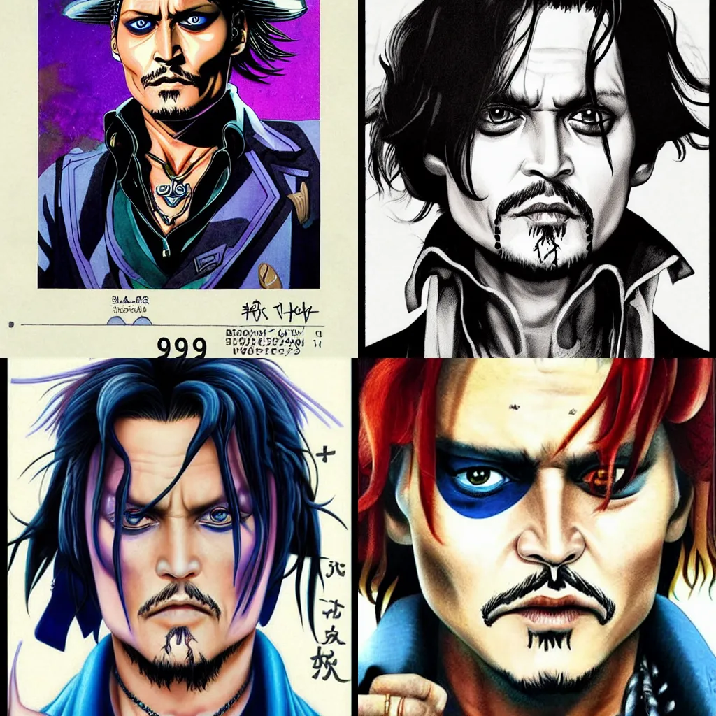 Prompt: Johnny Depp, in JoJo\'s Bizarre Adventure, highly detailed mugshot illustration by Takehito Harada and Hiroshi Yoshida