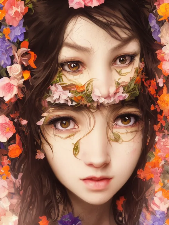 Image similar to Full shot of a cute mischievous young witch about to get up to some trouble. Latin American fashion. Floral patterns. Black and Orange palette. Latina girl. brown skin. defined facial features, symmetrical facial features. By Ruan Jia and Artgerm and Range Murata and WLOP and Ross Tran and William-Adolphe Bouguereau. Key Art. Fantasy Illustration. award winning, Artstation, intricate details, realistic, Hyperdetailed, 8k resolution.