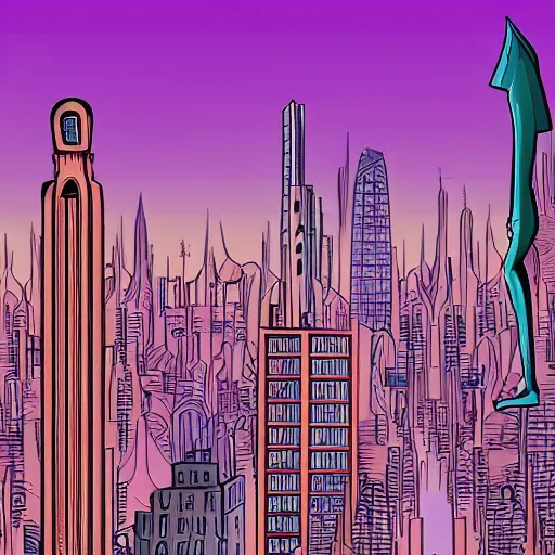 Prompt: cartoon tv show animation styled, shadowed human figure atop a skyscraper looking down through his feet to see a metropolis covered in water except for the tops of the skyscrapers, the buildings are ruins and covered in vines, purple and red hues reflect off the water from the sunset, many skyscrapers,