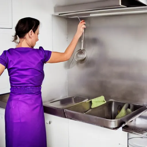 Prompt: a woman in a purple dress cleaning a kitchen, a stock photo by frieke janssens, shutterstock contest winner, feminist art, contest winner, stock photo, creative commons attribution