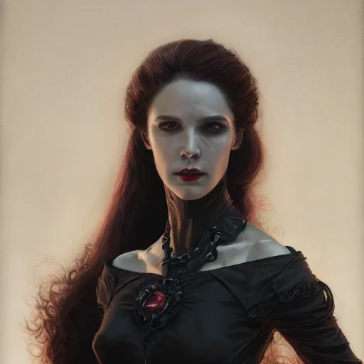 Image similar to portrait of a lady vampire, digital painting, ominous, sharp, detailed, photorealistic, high definition, 4k, artstation, donato giancola, Greg Rutkowski, matthew benedict, character design