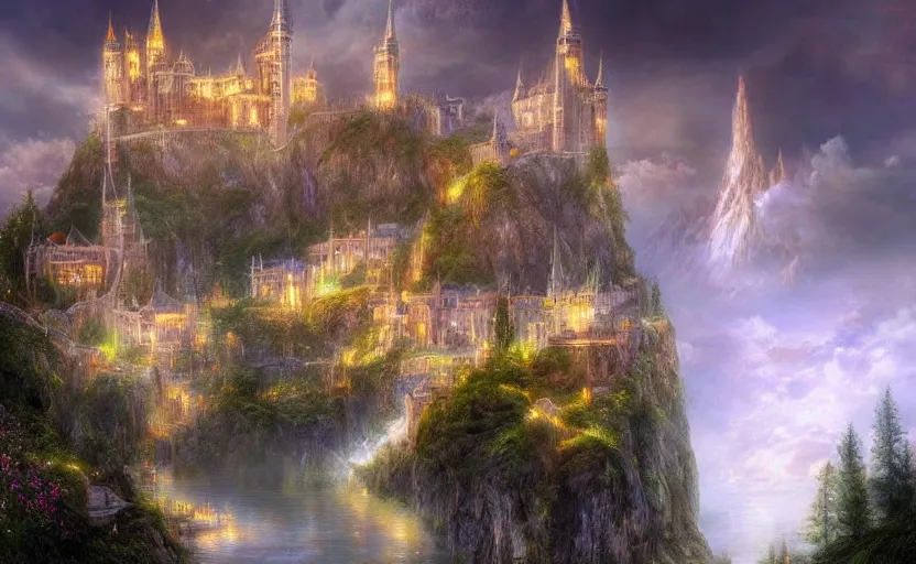 Prompt: beautiful secret city of the elves gondolin on top of a mountain, magical gloomy mystical. by konstantin razumov, fractal flame, chiaroscuro, highly detailded