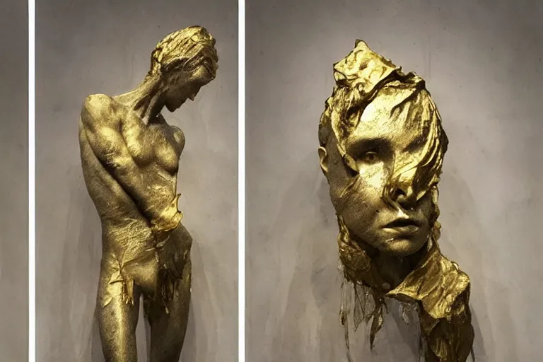 Image similar to a sculpture of a person with golden tears, a marble sculpture by nicola samori, behance, neo - expressionism, marble sculpture, apocalypse art, made of mist