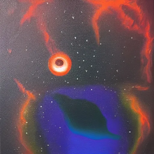 Prompt: peer into the depths of the endless cosmic void, shine a light on your darkest terror. by edgar allen poe, oil on canvas