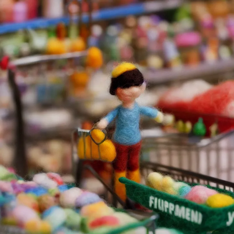 Image similar to needle felted person paying for the supermarket, highly detailed, tilt shift, cute, hyperrealism, highly textured, god rays