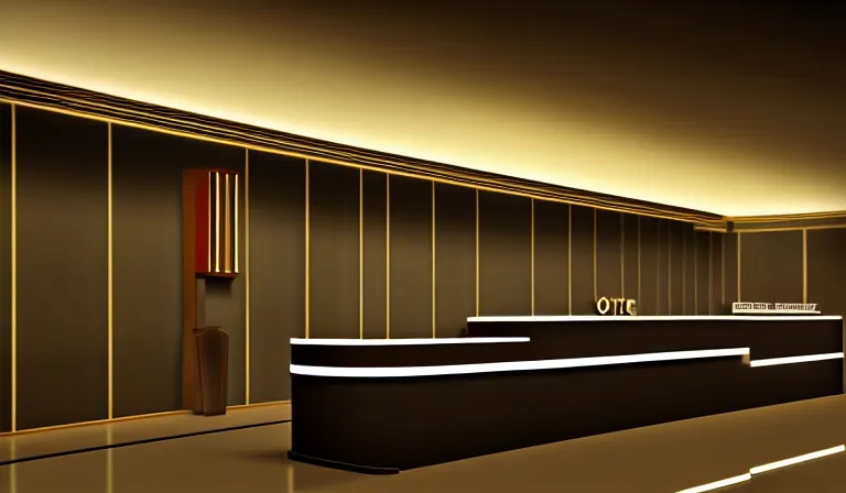 Image similar to a beautiful, sharp focus, clean lines. the interior of an art deco hotel. hotel lobby and receptionist. vaporwave ombre rendering. outrun style. trending on artstation. recommended for you behance. by chris moore. by edward hopper. ambient occlusion. digital matte painting. metropolis filmic. gotham city.