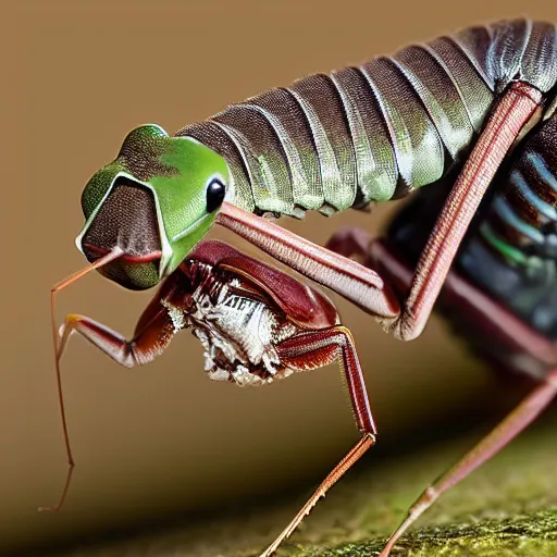 Image similar to centipede and praying mantis morphed together, half praying mantis and half centipede, realistic picture taken at zoo