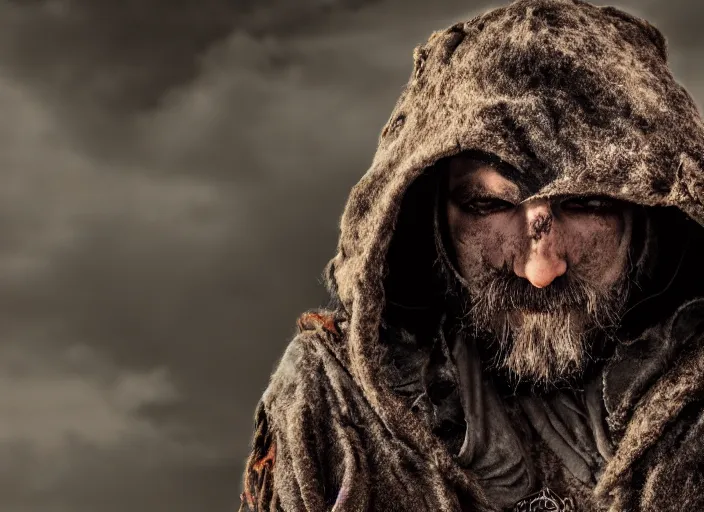 Prompt: character and environment photography, portrait 3 0 - year - old male druid, biomechanical eye!!!, tattered hood and robe, infested bear standing, medium shot, wide angle, 2 0 0 px, low key